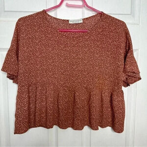 Paper Crane Peplum Shirt Brownish Red &  White Size Large
